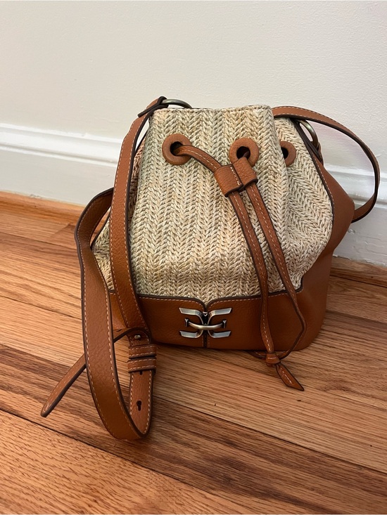 Sam Edelman Handbags - Sam Edelman Tan Leather-Trim Woven Drawstring Bucket Bag